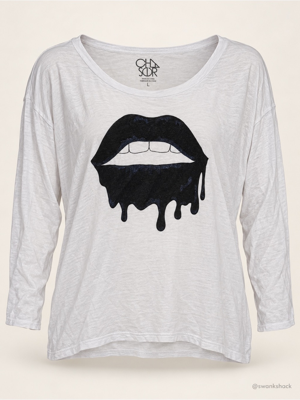 Chaser Dripping Lips Graphic Long Sleeve Tee White Size Large NWT
